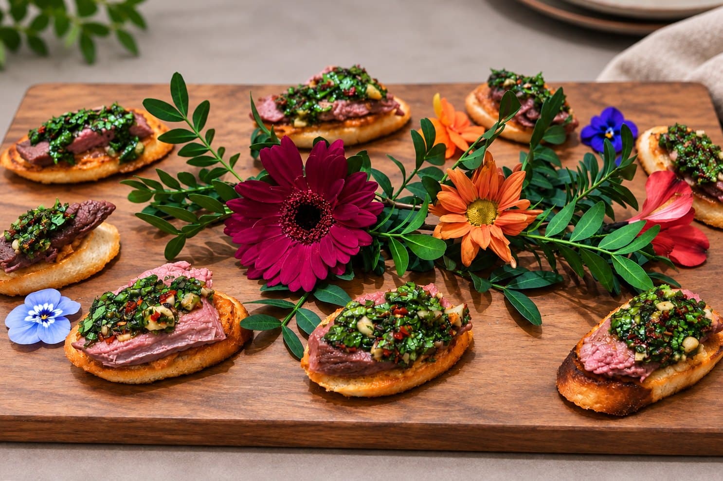 A wooden board of roast lamb crostini topped with chimichurri, dressed with fresh flowers