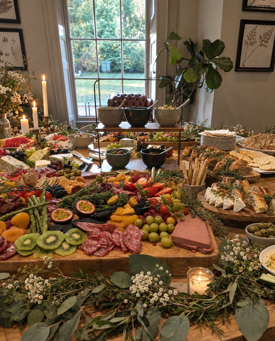 A grazing table of charcuterie, cheeses, fruit and breads laid out in a sunlit room with candles and flowers