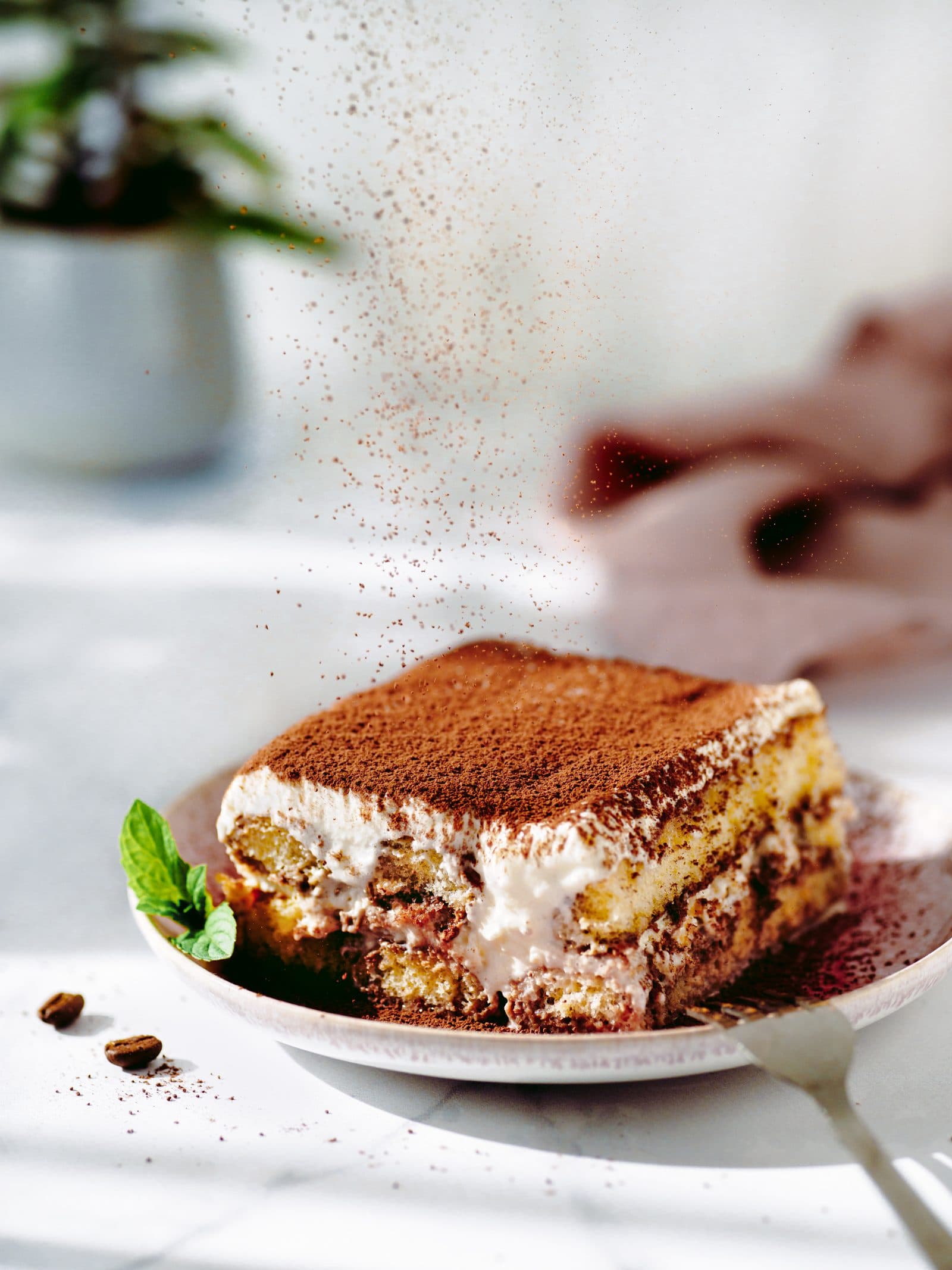 A slice of classic homemade tiramisu being dusted with cocoa